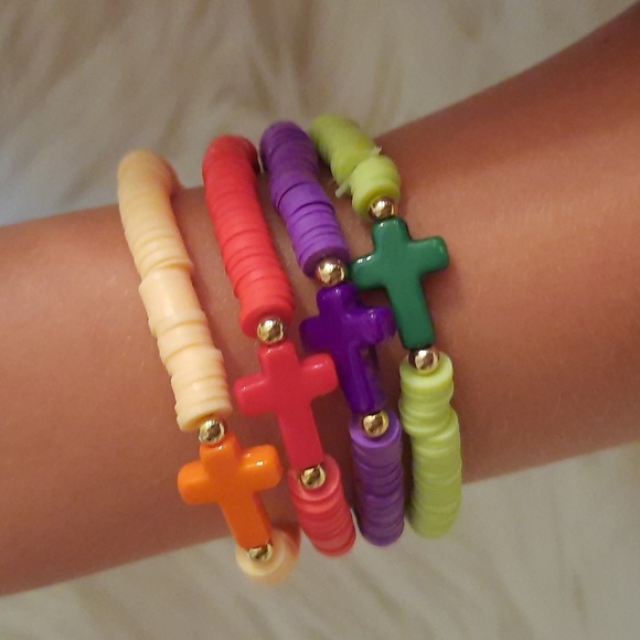 Kids Stackable Clay Beaded Bracelet with Cross-4 pcs Set - Picture 2 of 7
